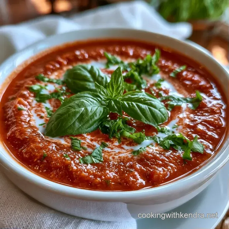 Smooth red soup in a white porcelain bowl with a drizzle of olive oil and microgreens on a rustic wooden table.