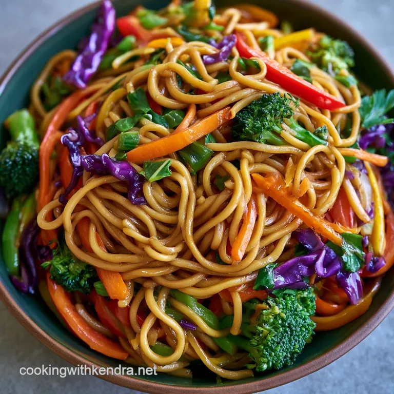 Steaming noodles and colorful stir-fried vegetables served in a white ceramic bowl with wooden chopsticks nearby.