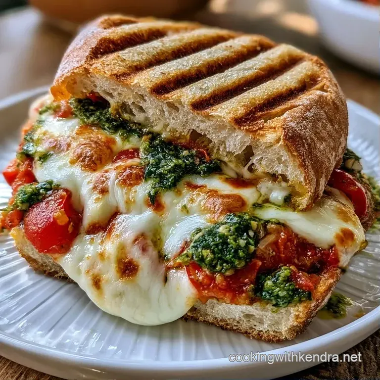 Toasted sandwich halves on a rustic platter, accented by fresh basil leaves and a swirl of dark balsamic glaze.