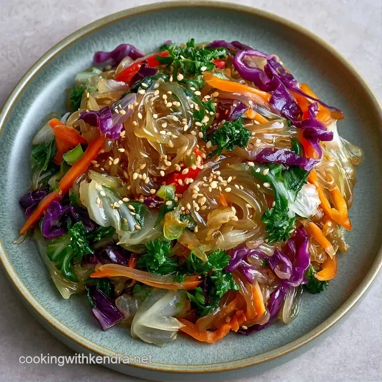 A white ceramic bowl filled with glistening noodles and bright snap peas, garnished with sliced green onions.