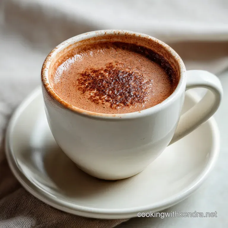 Steaming mug of velvety hot chocolate with a dusting of cocoa, garnished with a delicate chocolate square on a rustic wood...
