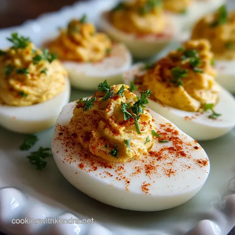 Elegant arrangement of paprika-dusted egg halves on a minimalist white plate. Simple & flavorful.