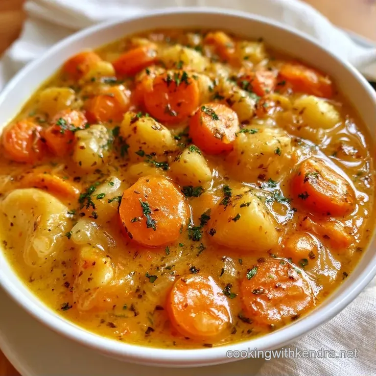 Vibrant root vegetables in a glossy brown broth served in a white ceramic bowl with a sprig of fresh green parsley.