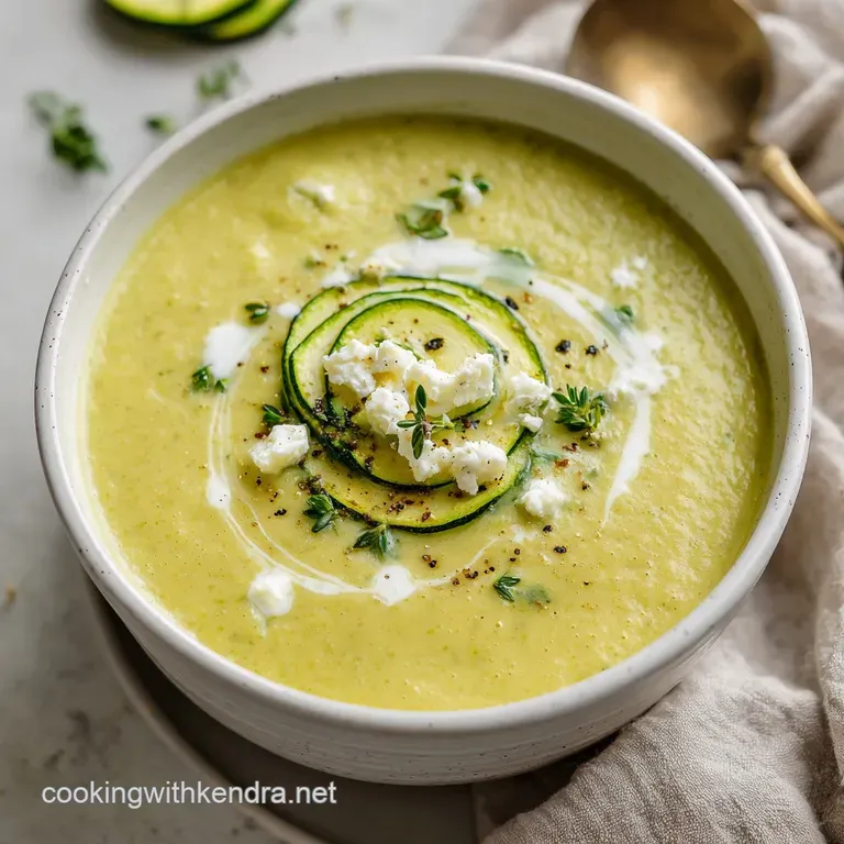 Elegant bowl of bright green zucchini soup, garnished with a swirl of cream, fresh herbs, and crusty bread on the side. In...