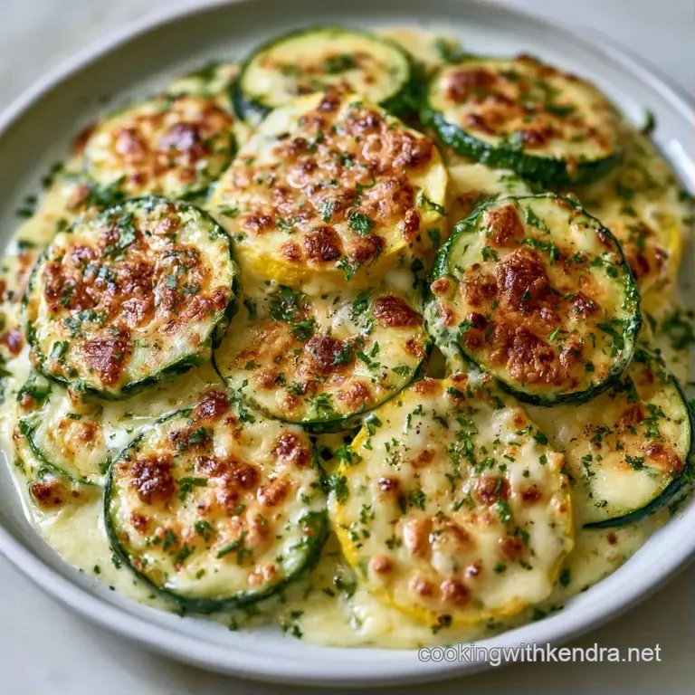 A neat slice of cheesy vegetable bake on a white plate, garnished with a fresh parsley sprig and melted cheese.